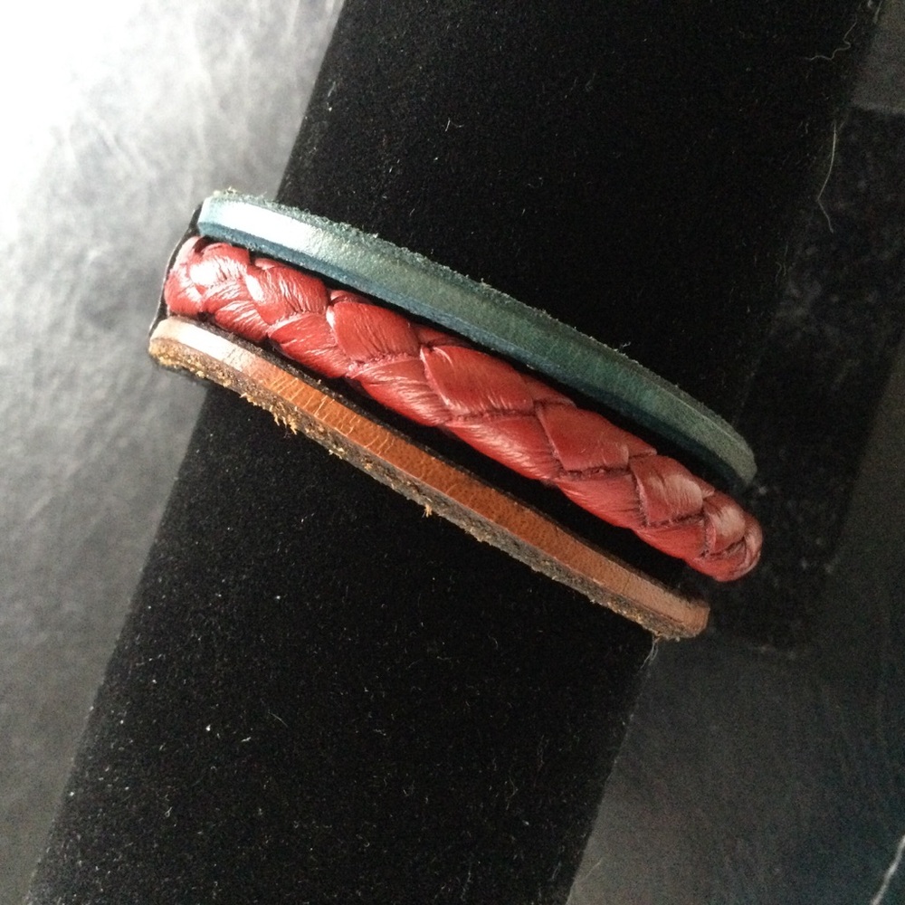 Leather bracelet unisex 3 Strand braided. Adjustable . 2 snaps